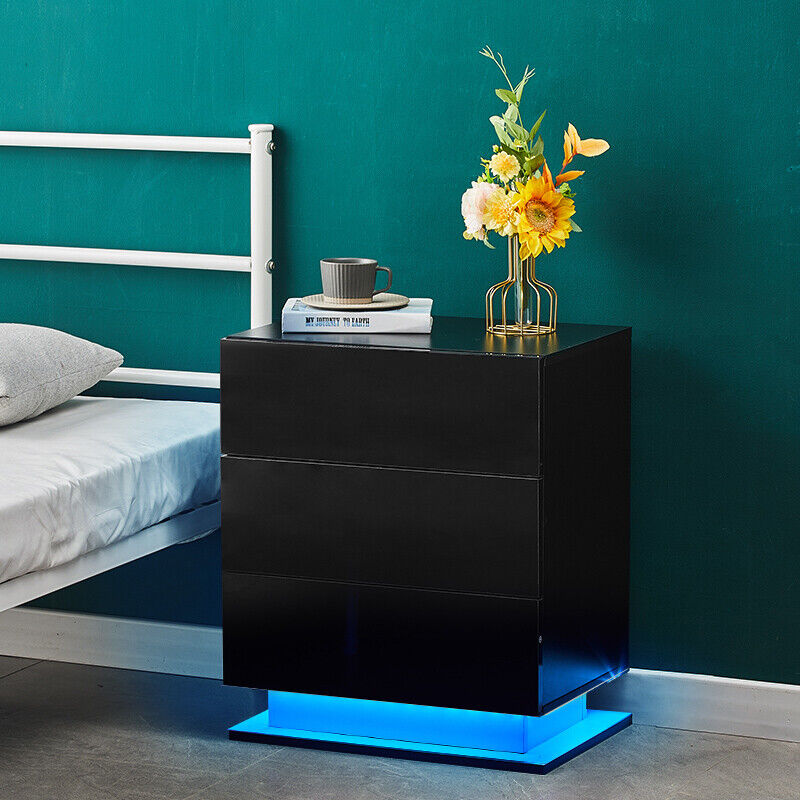 High Gloss LED Bedside Tables Cabinets 3 Drawers Nightstand Bedroom White Black