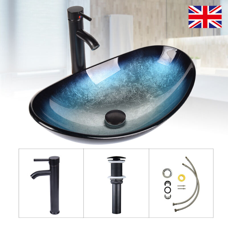 Countertop Sink Basin Bathroom Cloakroom Wash Bowl Tempered Glass Tap Waste Set