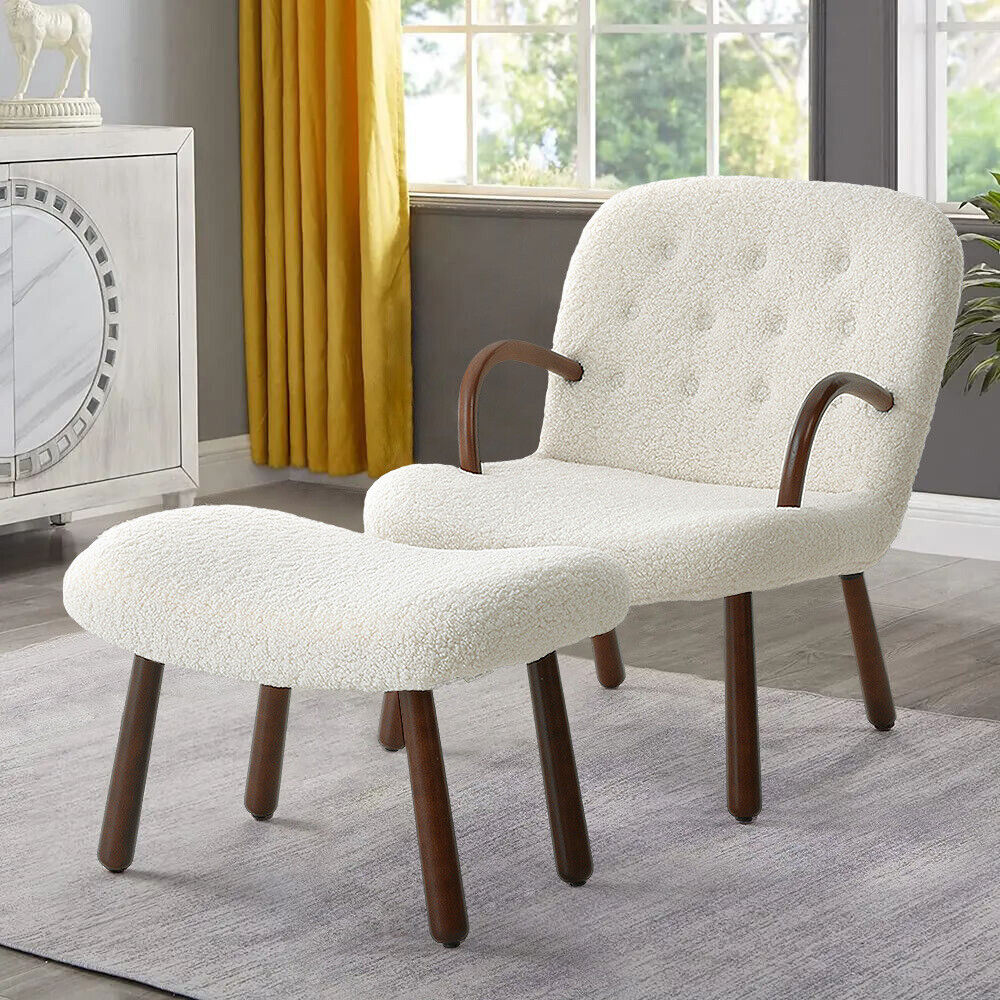 Fabric Armchair Sofa Buttoned High Back Upholstered with Foot Stool Accent Chair