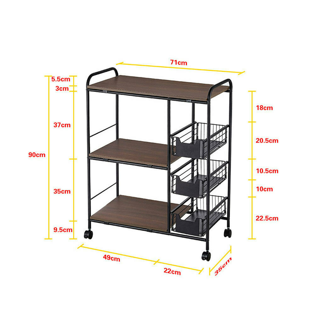 3/4Tier Kitchen Trolley on Wheels Drawer Baskets Rolling Cart Storag Rack Handle