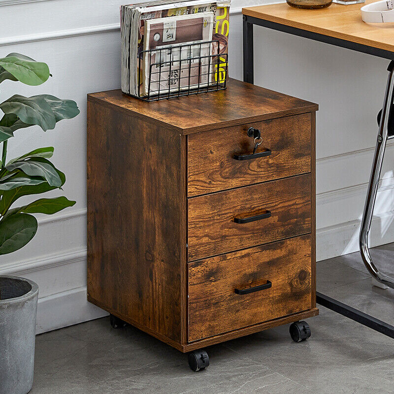 Rolling Wood Office Storage Cabinet Drawers Wheels File Cabinet Lockable Rolling