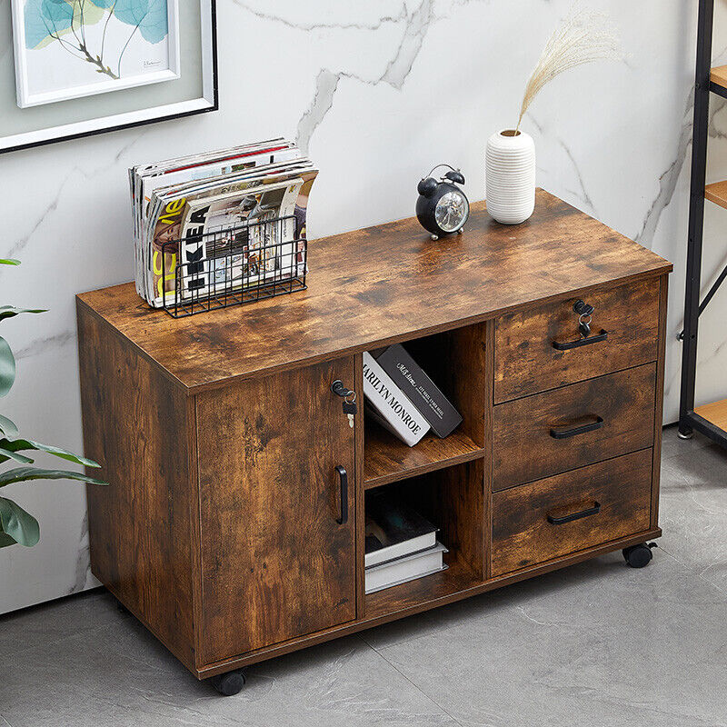 Rolling Wood Office Storage Cabinet Drawers Wheels File Cabinet Lockable Rolling