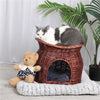 Handmade Wicker Pet Bed Basket Cat Puppy Sleep 2 Tier House Removable Cushion