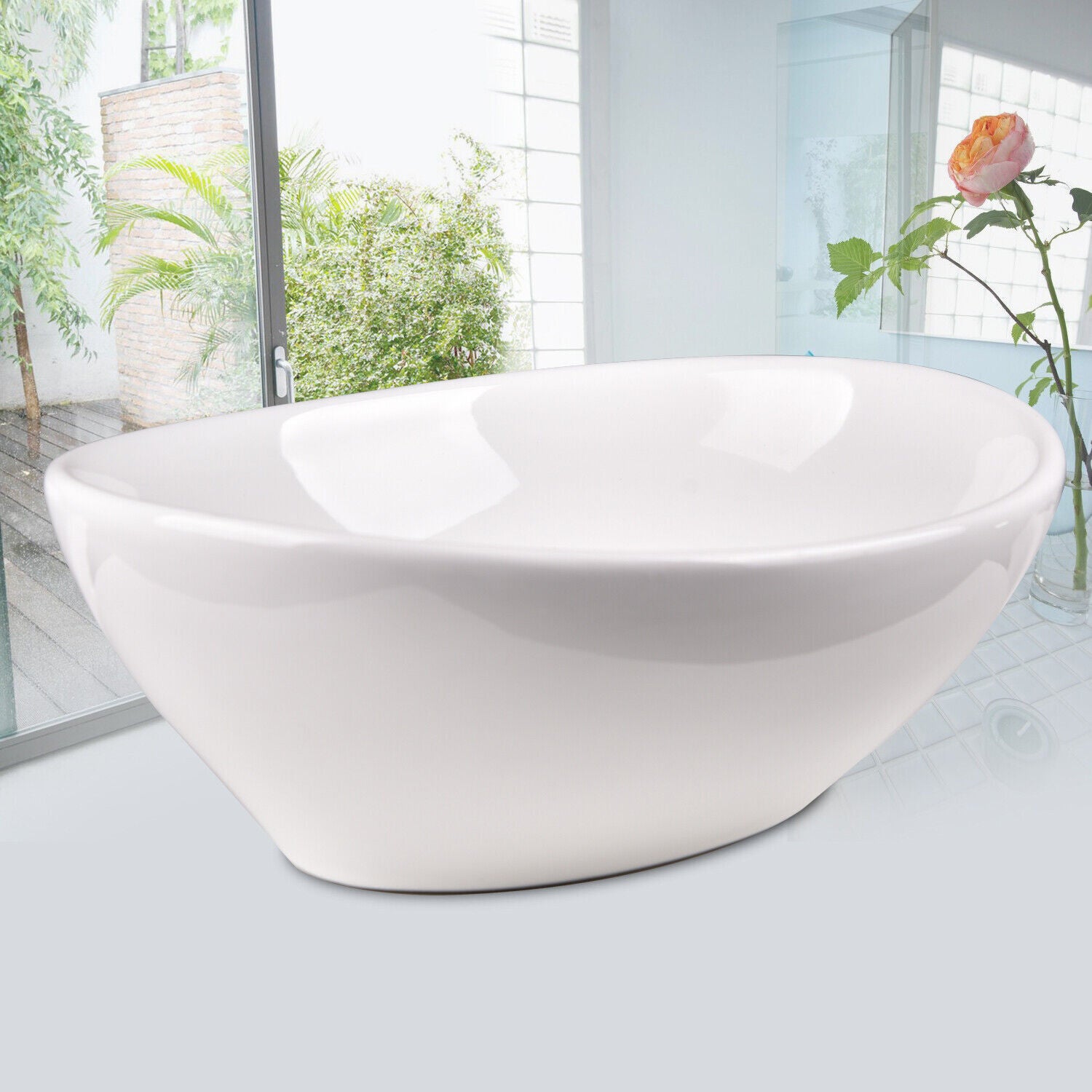 Bathroom Countertop Basin Sink Tempered Glass Wash Bowl Set w/ Tap Pop-up Waste