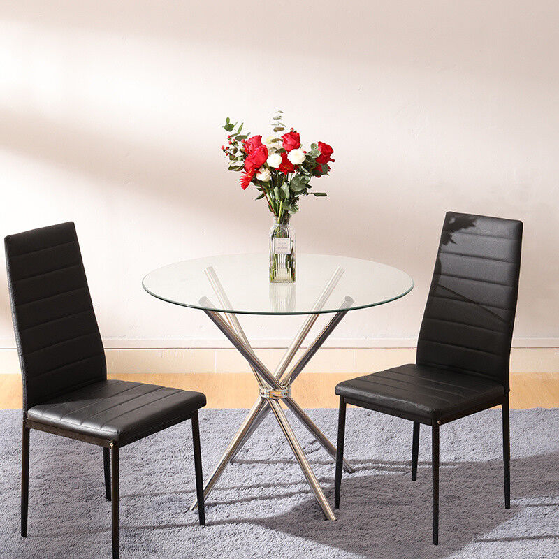 Round Tempered Glass Dining Table Set Or 2/4 PU Leather Chairs Kitchen Furniture