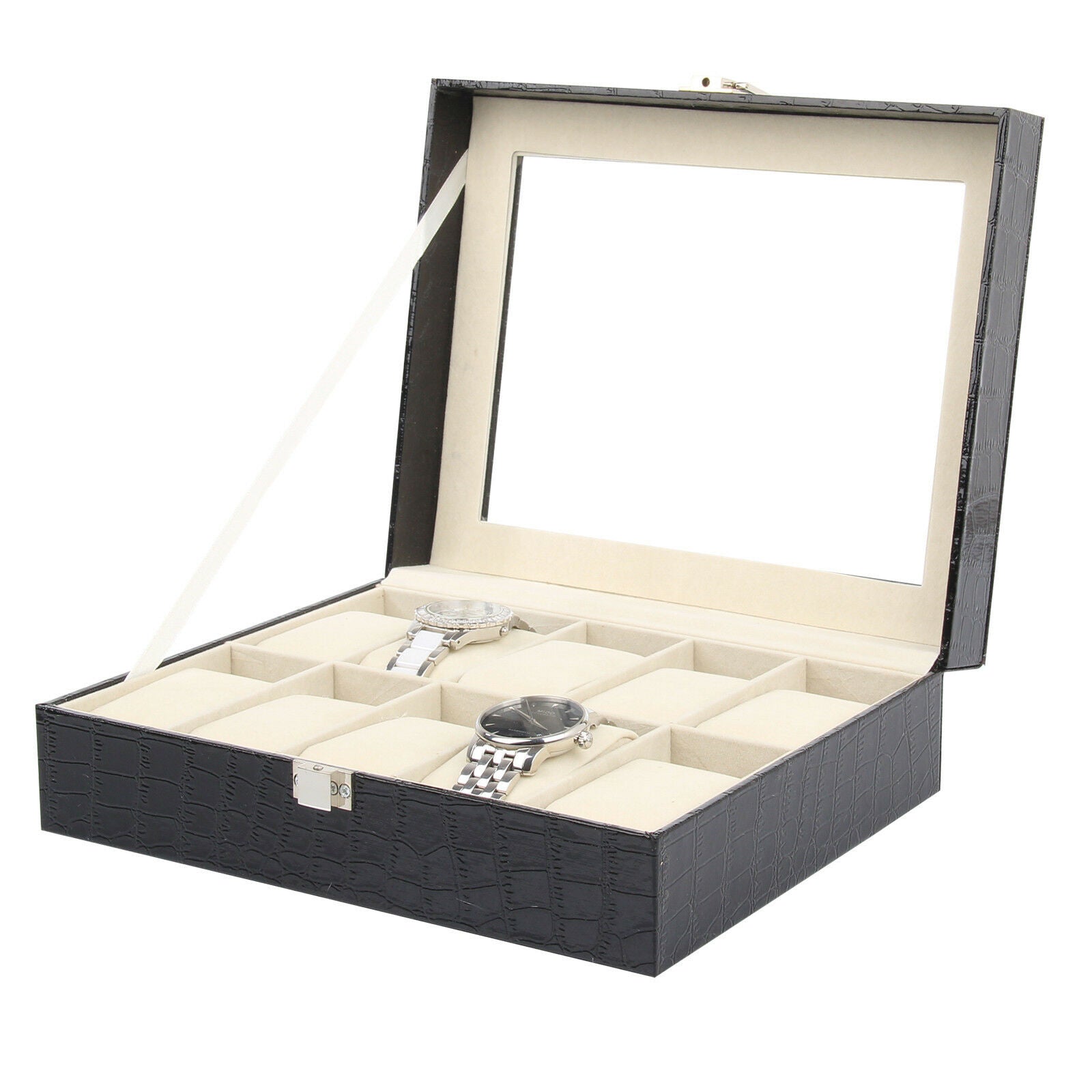 6-24 Grid Slots Watch Box Leather Display Glass Top Jewelry Storage Case
