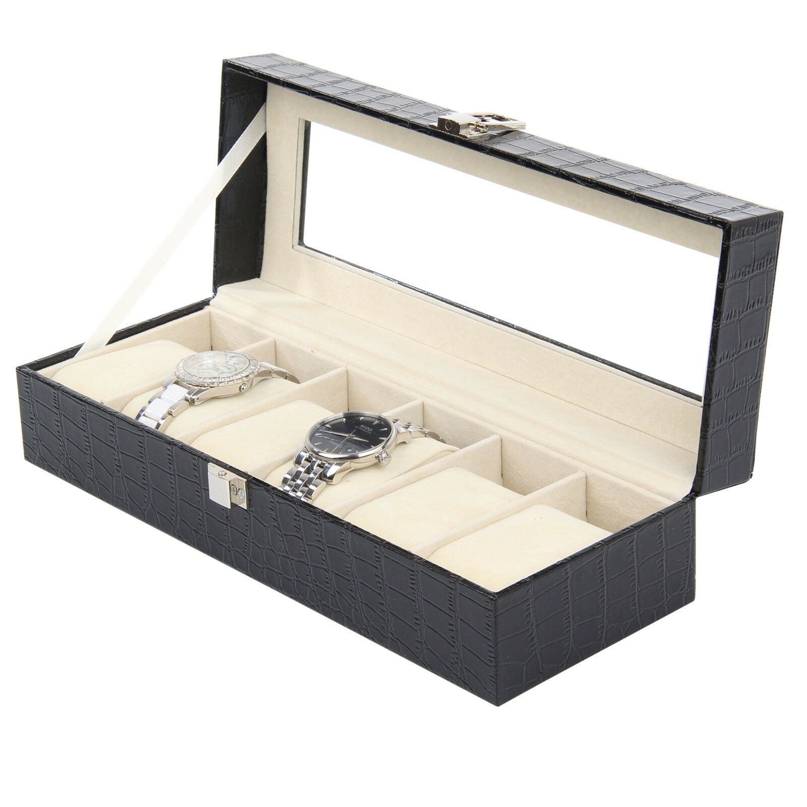 6-24 Grid Slots Watch Box Leather Display Glass Top Jewelry Storage Case