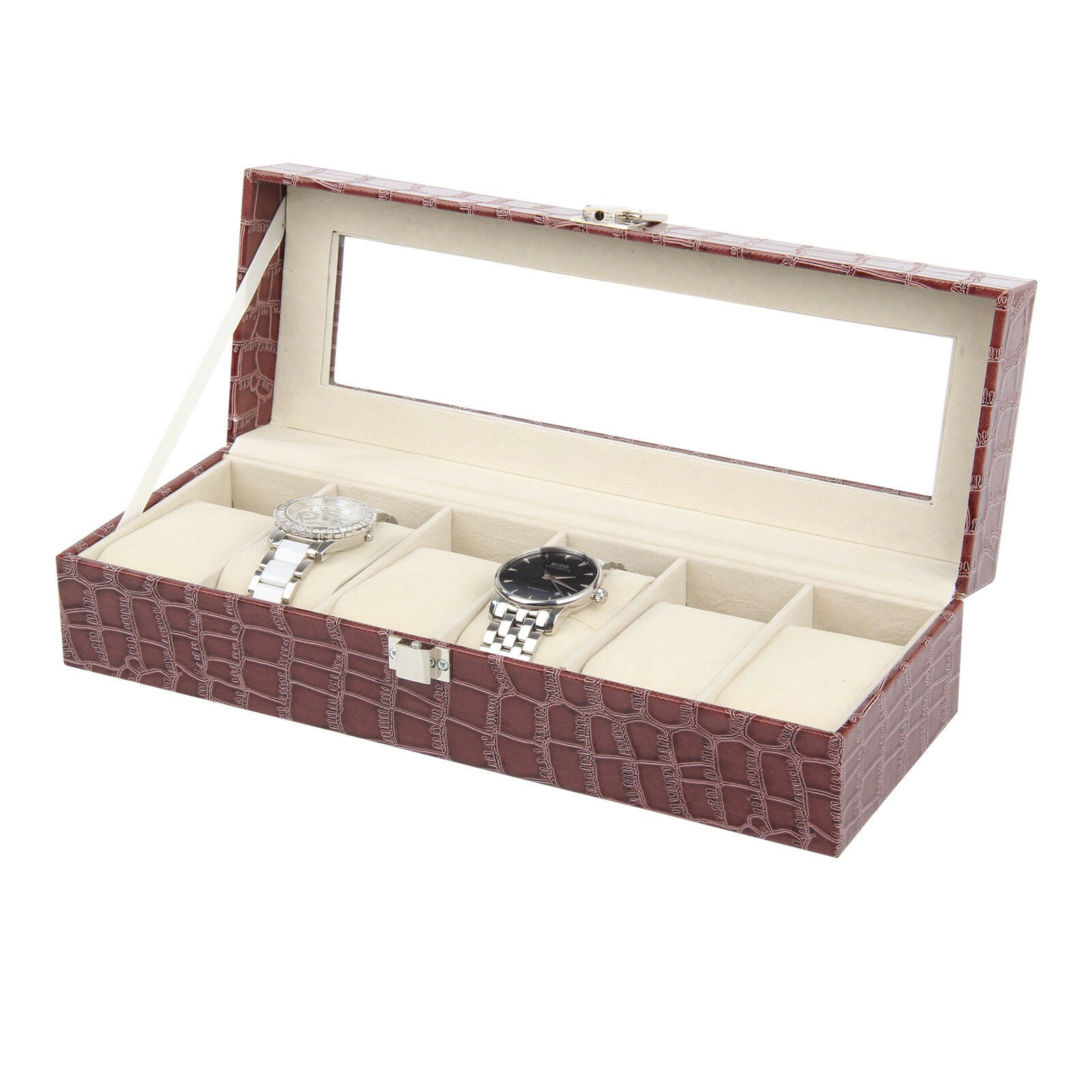 6-24 Grid Slots Watch Box Leather Display Glass Top Jewelry Storage Case