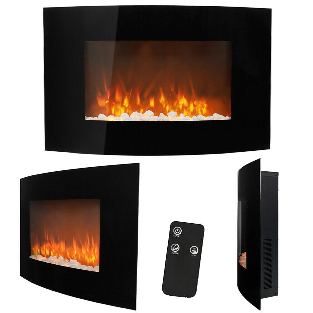 Electric Fireplace Wall Mount Fire Flicker Flame Black Glass with Remote 30"-50"