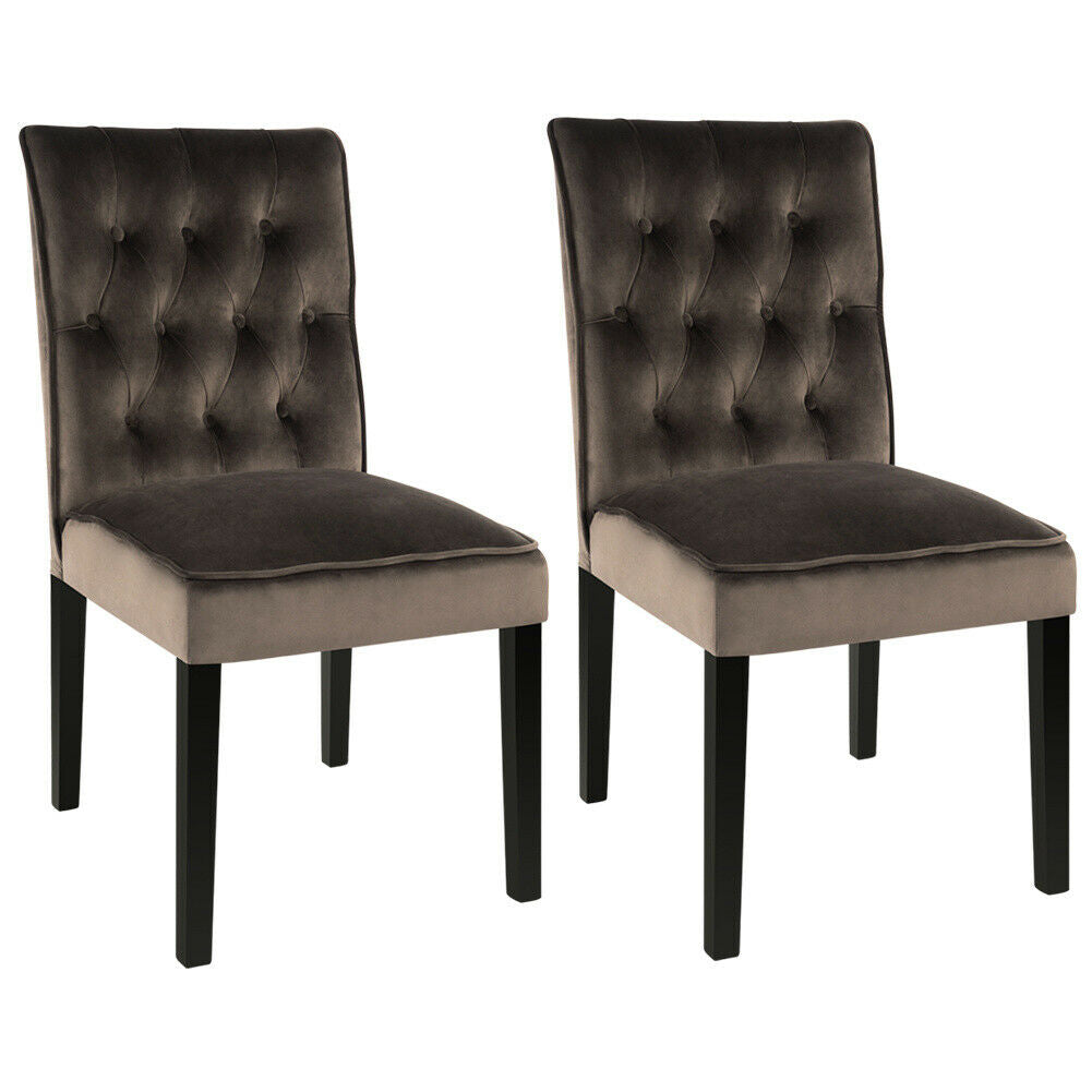 2X High Back Velvet Fabric Buttoned Back Dining Chairs Soft Side Chair Wood Legs