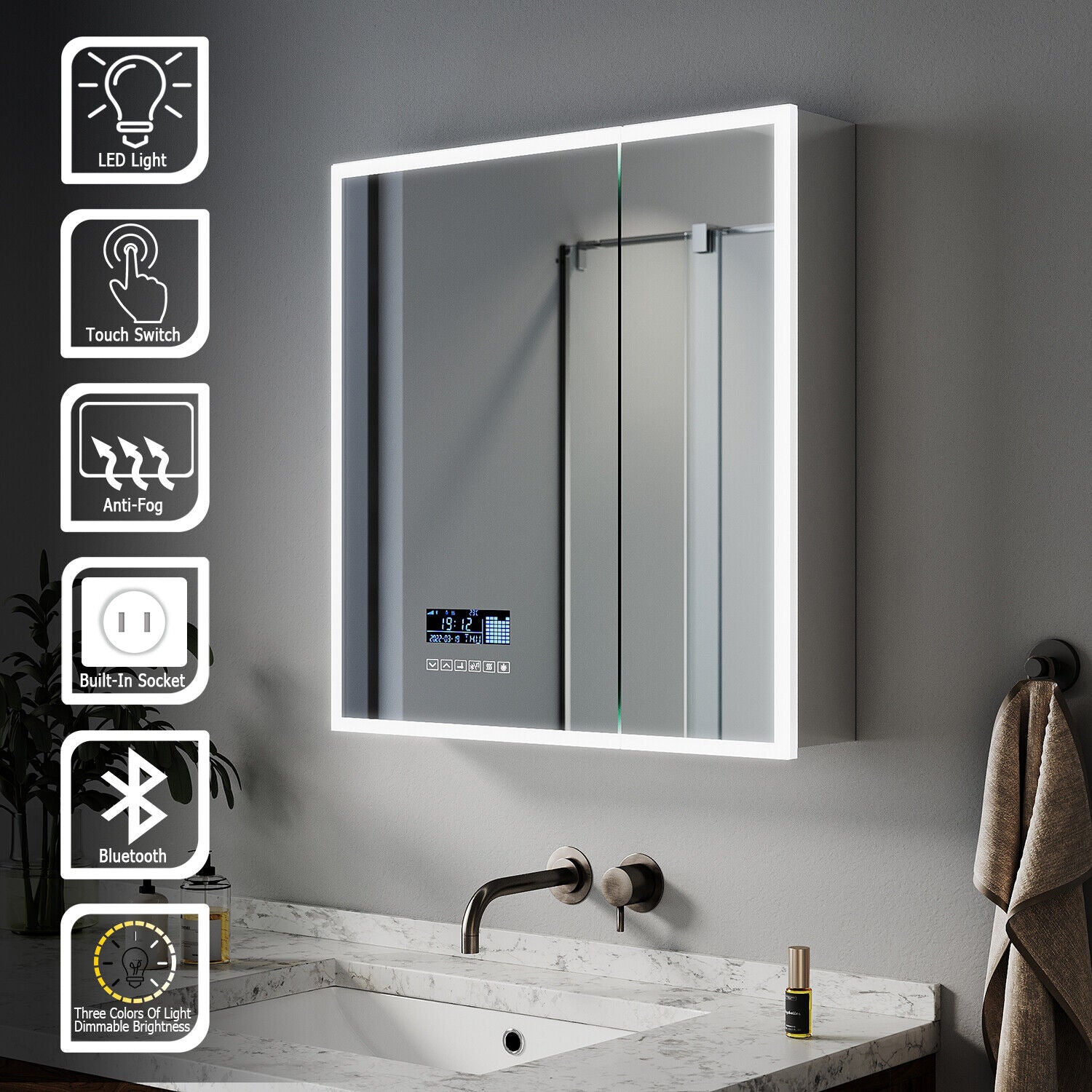 LED Bathroom Mirror Cabinet With Bluetooth Speaker Shaver Socket Dimmable Lights