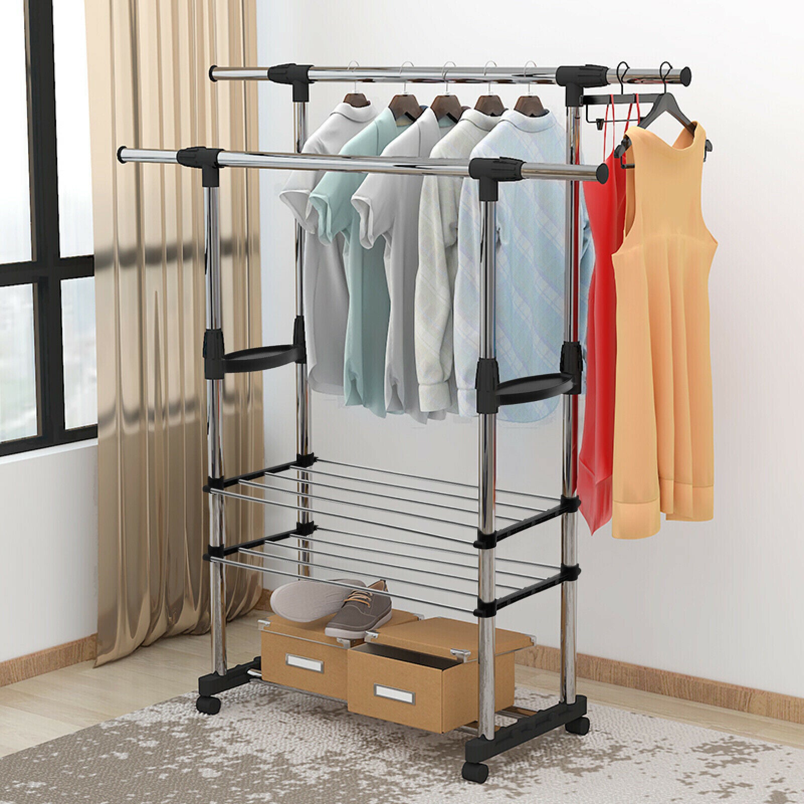 Heavy Duty Garment Rack Clothes Rail Coat Shoe Storage Hanging Standing Shelf UK