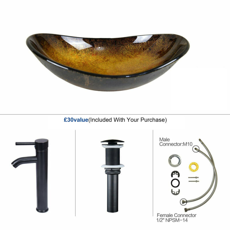 Countertop Sink Basin Bathroom Cloakroom Wash Bowl Tempered Glass Tap Waste Set