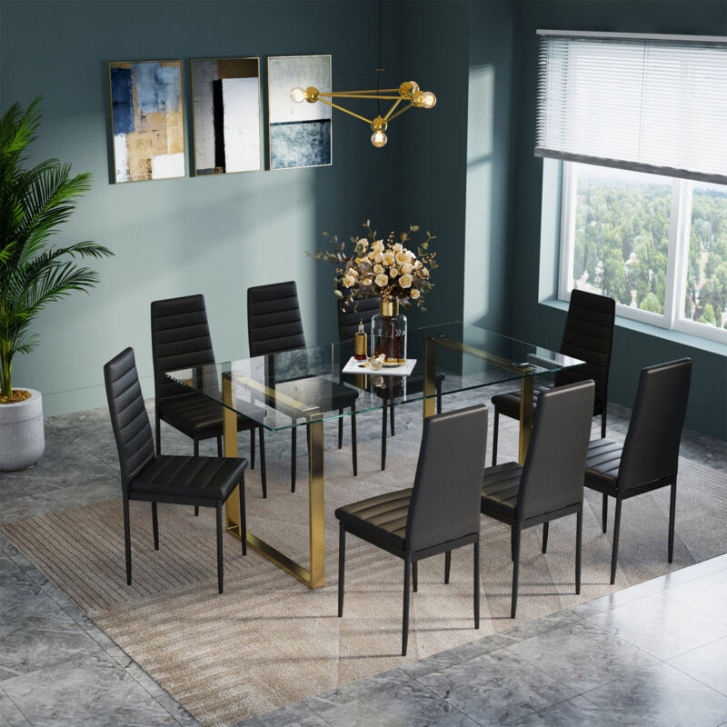 4/6/8Seater Faux Leather Dining Chair SquareBase Tempered Glass Dining Table Set
