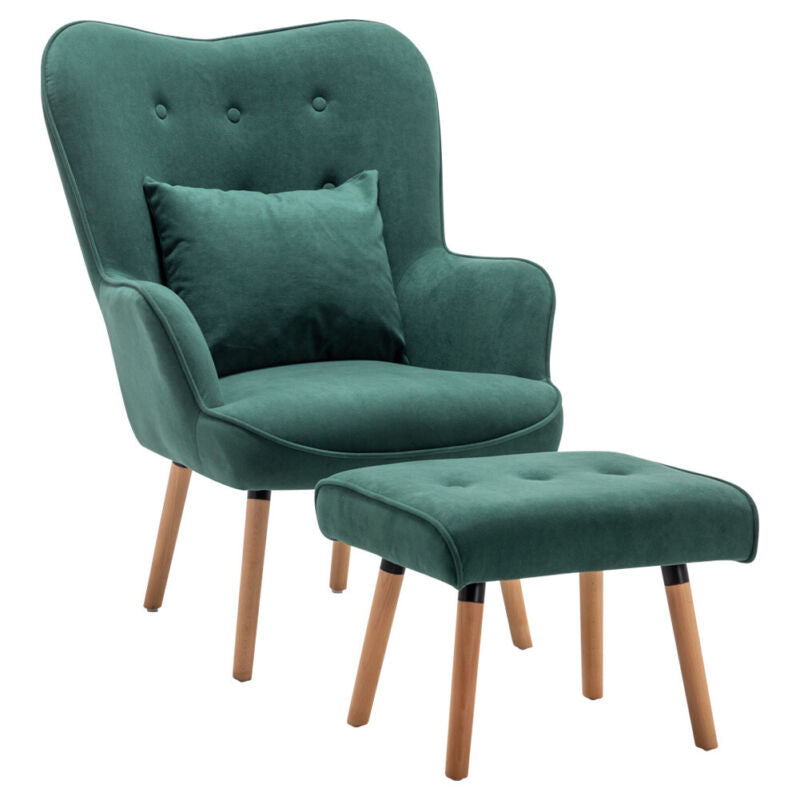 Vintage Fabric Wingback Chair Accent Tub Armchair with Oak Legs Footstool Lounge
