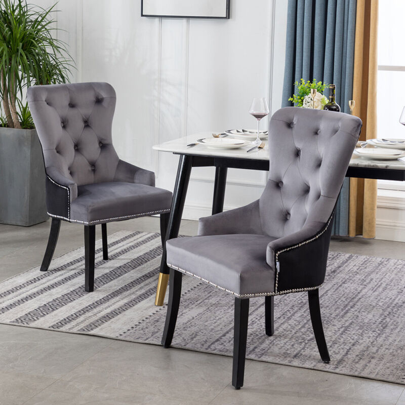 Set of 2 Velvet Upholstered Dining Chairs Luxury Button Back Dining Room Kitchen