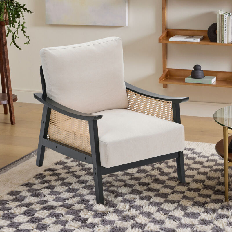 Stylish Modern Rattan Armchair Living Room Accent Chair Wooden Frame Single Sofa