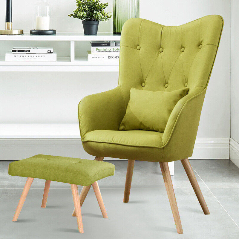 Fabric Armchair Sofa Buttoned High Back Upholstered with Foot Stool Accent Chair