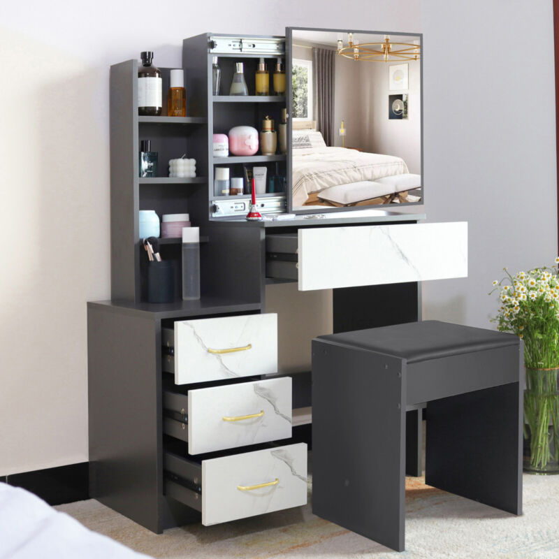 Dressing Table With Mirror Drawers Stool Set Bedroom Makeup Desk Vanity Table
