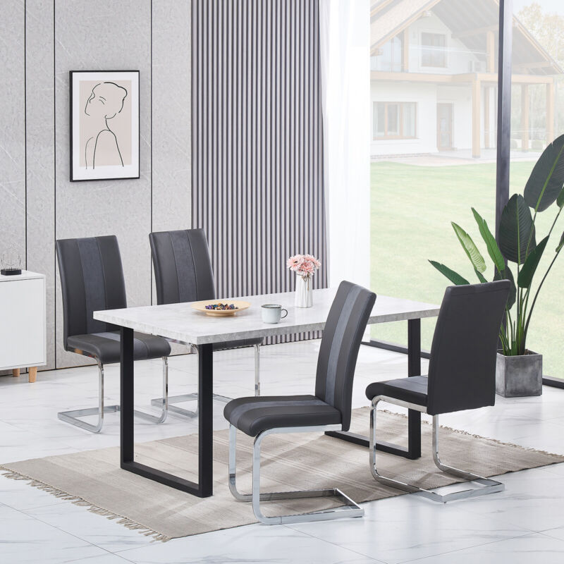 Wooden Dining Table and 4 Chairs Set Pu Leather Seat Kitchen Hoom Office Grey
