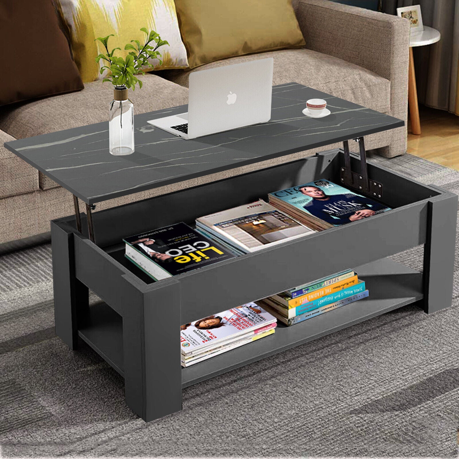 Adjustable Wooden Coffee Table With Storage Lift Top Up Drawer Shelf Living Room