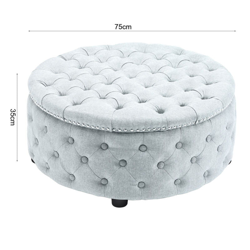 75cm Large Round Fabric Linen Chesterfield Footstool Pouffe Ottoman Coffee Table