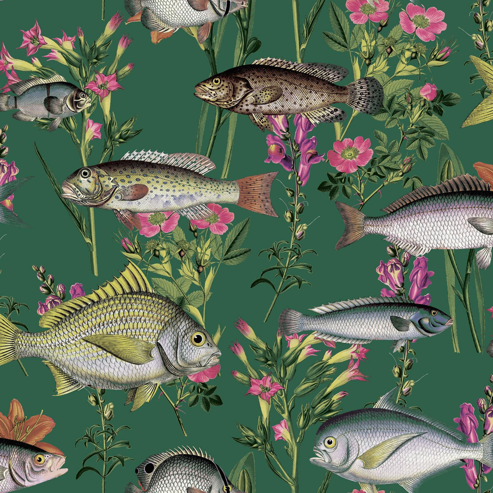HOLDEN LAGOON FISH FLOWERS WALLPAPER FEATURE WALL DECOR - WHITE TEAL BLUE GREEN