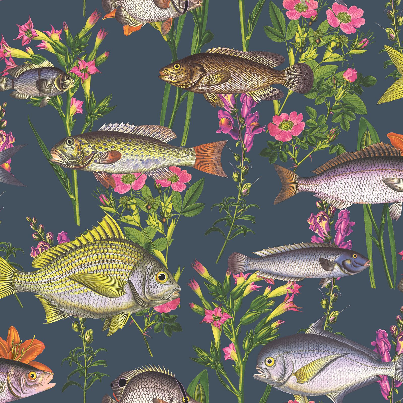HOLDEN LAGOON FISH FLOWERS WALLPAPER FEATURE WALL DECOR - WHITE TEAL BLUE GREEN