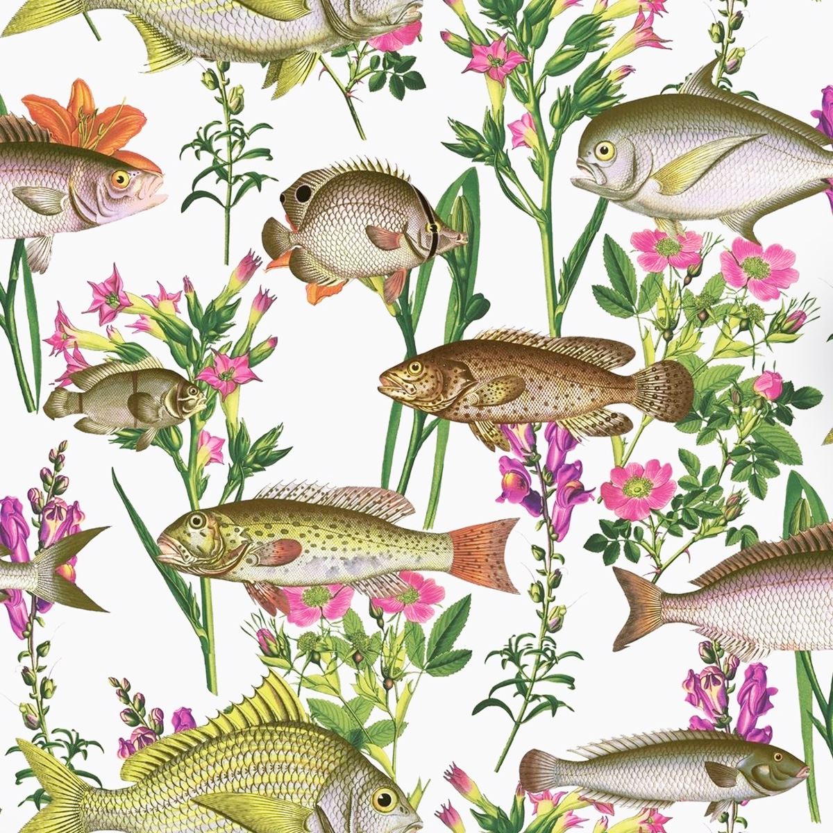 HOLDEN LAGOON FISH FLOWERS WALLPAPER FEATURE WALL DECOR - WHITE TEAL BLUE GREEN