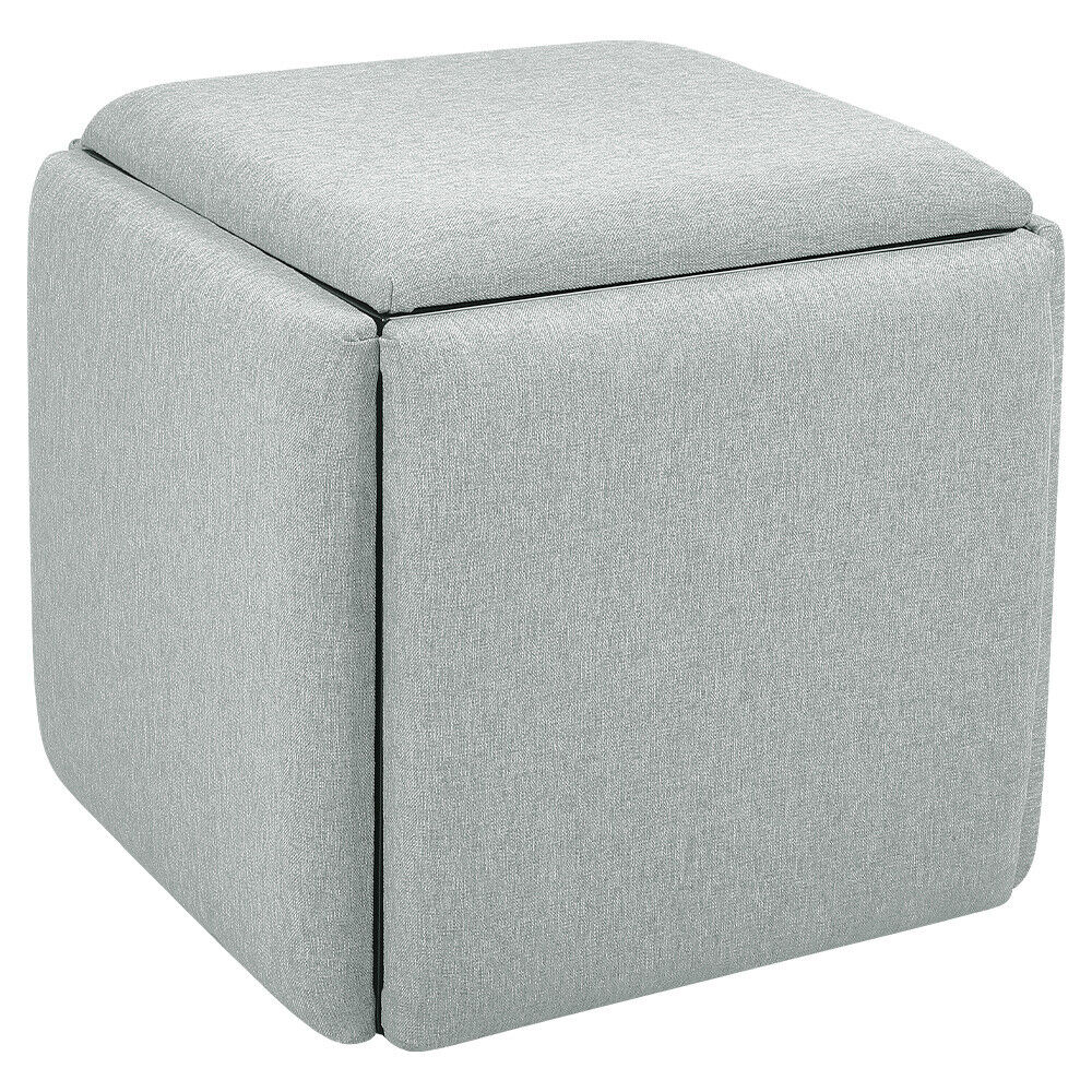 5in1 PU/Linen Stacking Cushioned Stools Cube Dining Chairs Kitchen Space Saving