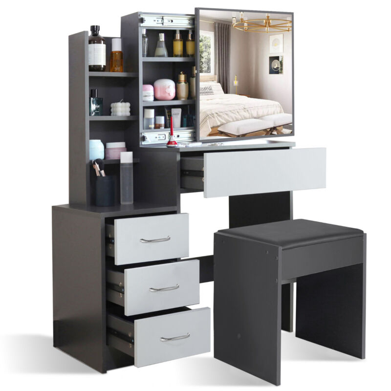 Dressing Table with Drawers, Mirror Stool Set Makeup Desk Vanity Table Bedroom