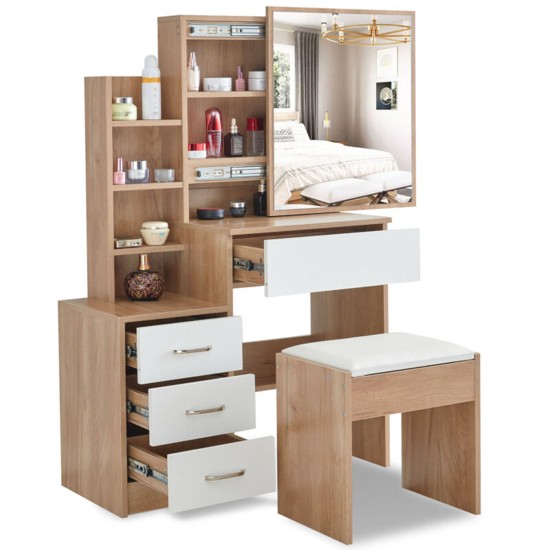 Dressing Table with Drawers, Mirror Stool Set Makeup Desk Vanity Table Bedroom