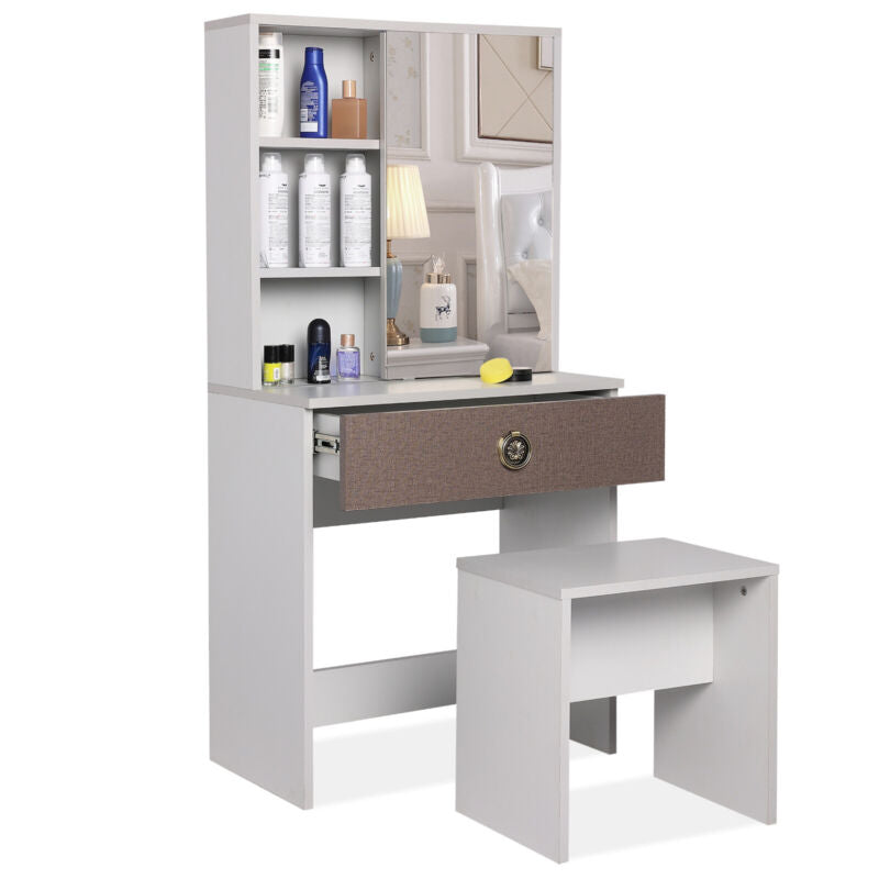 Dressing Table with Drawers, Mirror Stool Set Makeup Desk Vanity Table Bedroom