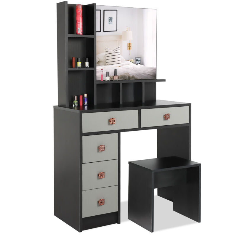 Dressing Table with Drawers, Mirror Stool Set Makeup Desk Vanity Table Bedroom
