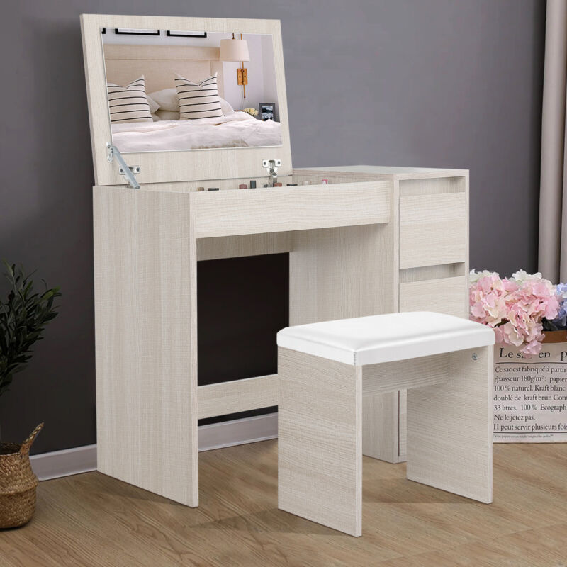 Dressing Table with Drawers, Mirror Stool Set Makeup Desk Vanity Table Bedroom