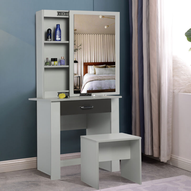 Dressing Table with Drawers, Mirror Stool Set Makeup Desk Vanity Table Bedroom