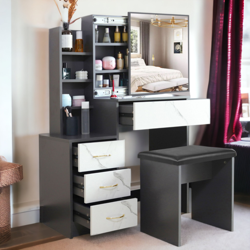 Dressing Table with Drawers, Mirror Stool Set Makeup Desk Vanity Table Bedroom