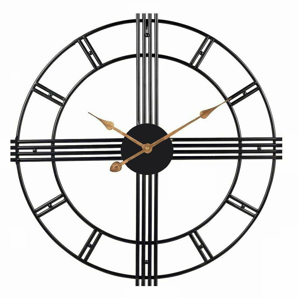 Garden Wall Clock Metal Large Skeleton Roman Numeral Home Open Face Round Clocks
