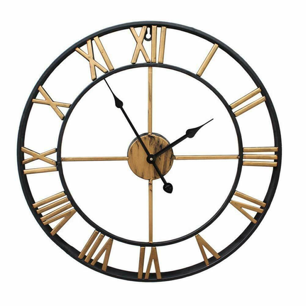 Garden Wall Clock Metal Large Skeleton Roman Numeral Home Open Face Round Clocks