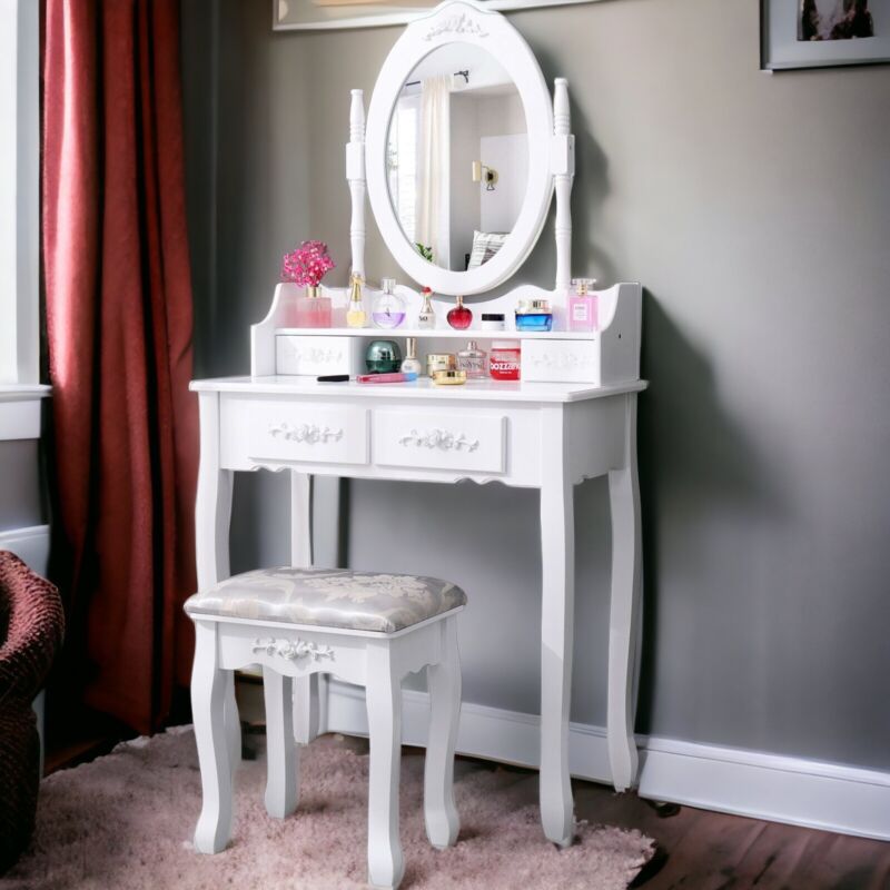 Dressing Table With Drawer Mirror & Stool Set Makeup Desk Vanity Table Bedroom