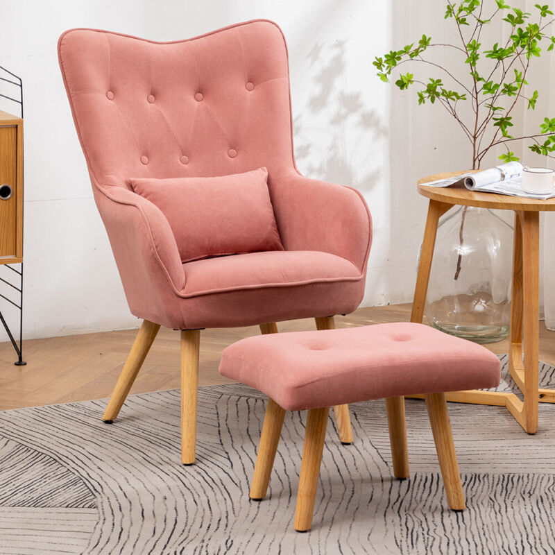 Vintage Fabric Wingback Chair Accent Tub Armchair with Oak Legs Footstool Lounge