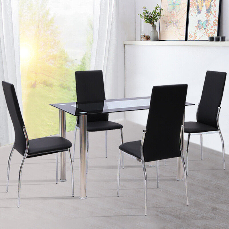 Kitchen Dining Table Chairs Modern Leisure Black Glass Unit Bar Metal Legs BPZH9