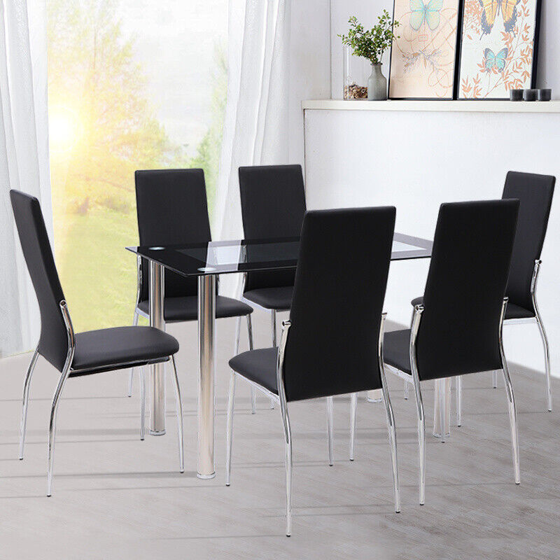 Kitchen Dining Table Chairs Modern Leisure Black Glass Unit Bar Metal Legs BPZH9