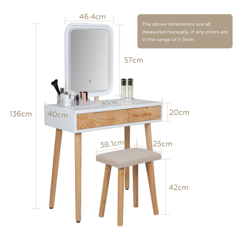Dressing Table Set with 3-Mode LED Light Mirror Stool Vanity Wood Makeup Desk