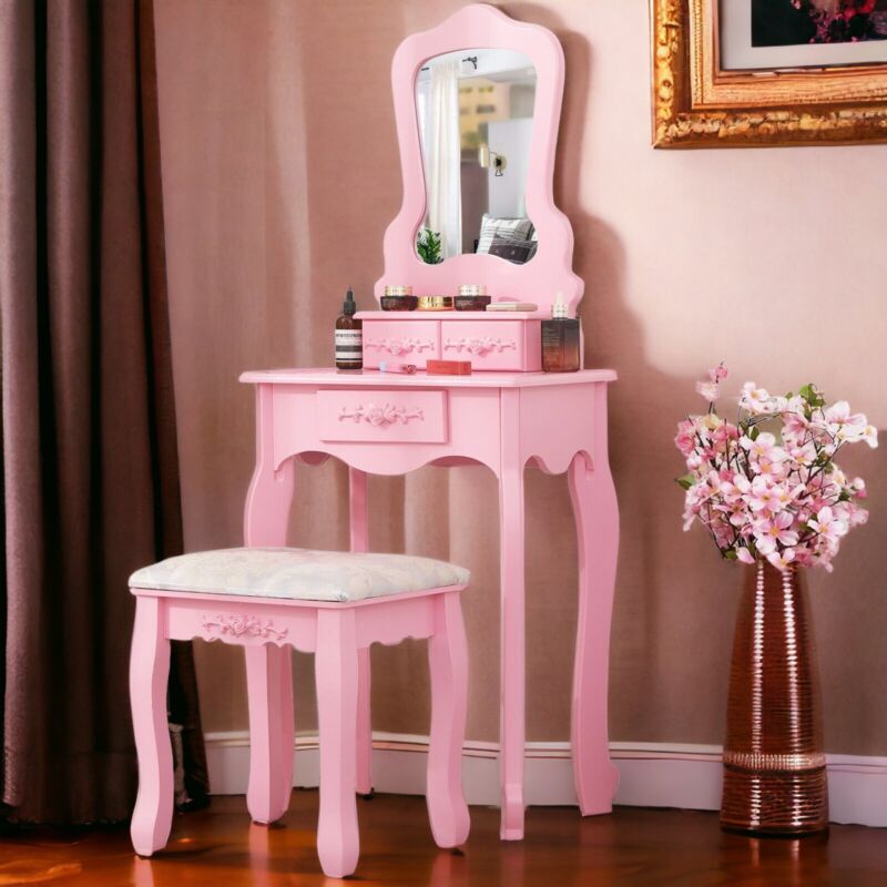 Dressing Table With Drawer Mirror & Stool Set Makeup Desk Vanity Table Bedroom