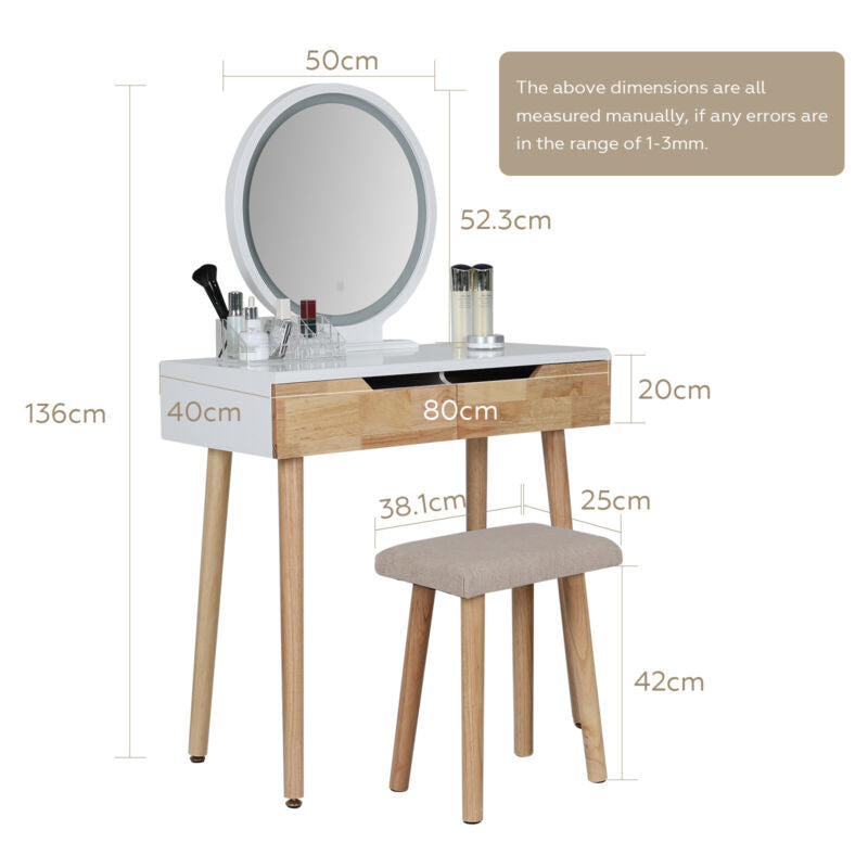 Dressing Table Set with 3-Mode LED Light Mirror Stool Vanity Wood Makeup Desk
