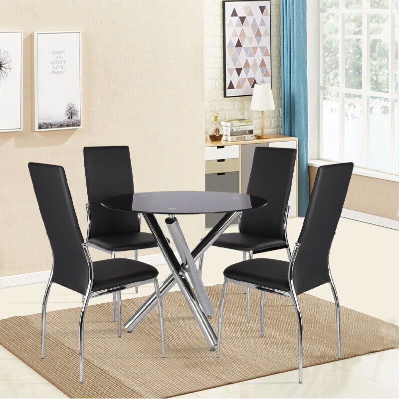 Kitchen Dining Table Chairs Modern Leisure Black Glass Unit Bar Metal Legs BPZH9