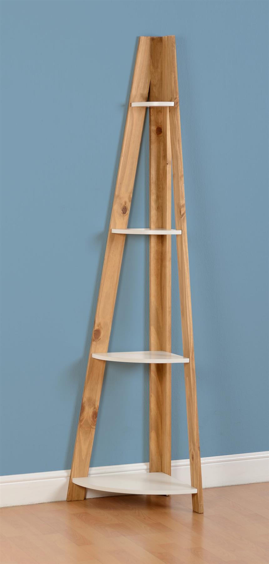 SANTOS 4 SHELVES CORNER SHELVING UNIT LADDER BOOKCASE RACK STORAGE WHITE