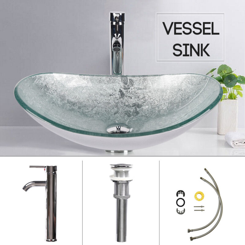 Countertop Sink Basin Bathroom Cloakroom Wash Bowl Tempered Glass Tap Waste Set