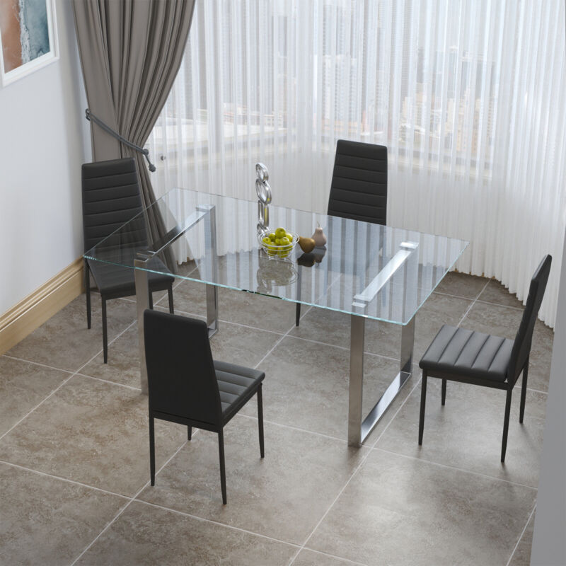 4/6/8Seater Faux Leather Dining Chair SquareBase Tempered Glass Dining Table Set